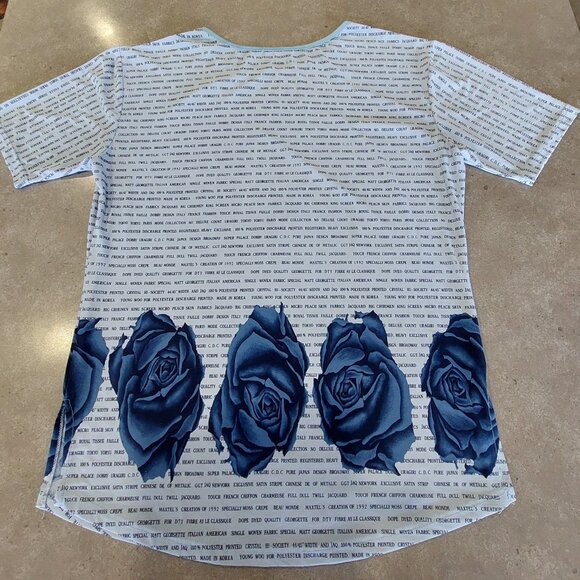 Women's Blue Graphic Wording Short Sleeves Tee-Shirt with Navy Roses Accent LGE - Picture 3 of 8